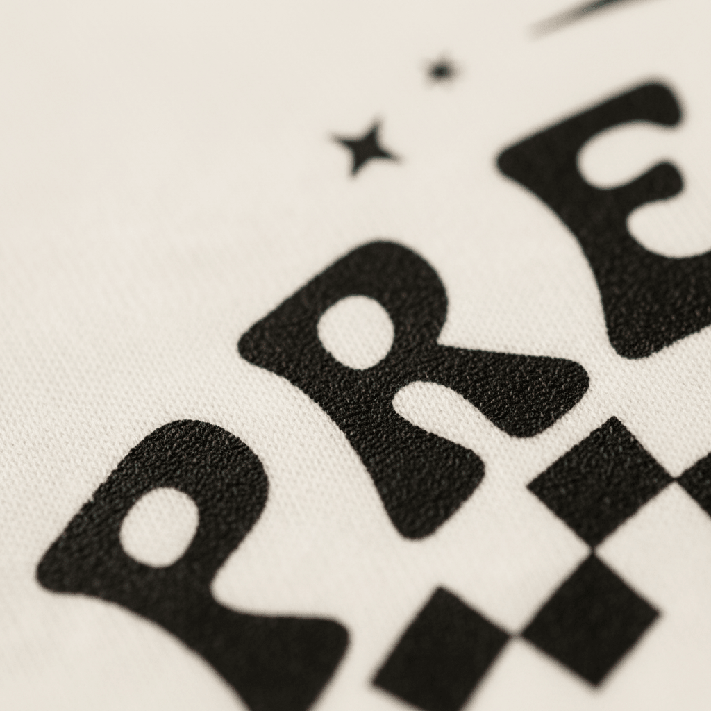 Close-up of black, textured text and checkered patterns on the white fabric of the Toodleroos Pretty Fly for a Little Guy Kids Sweatshirt – Rock Skeleton Pullover, featuring part of a letter R and geometric shapes that create a graphic, retro-inspired design reminiscent of cool kids’ rock attire.