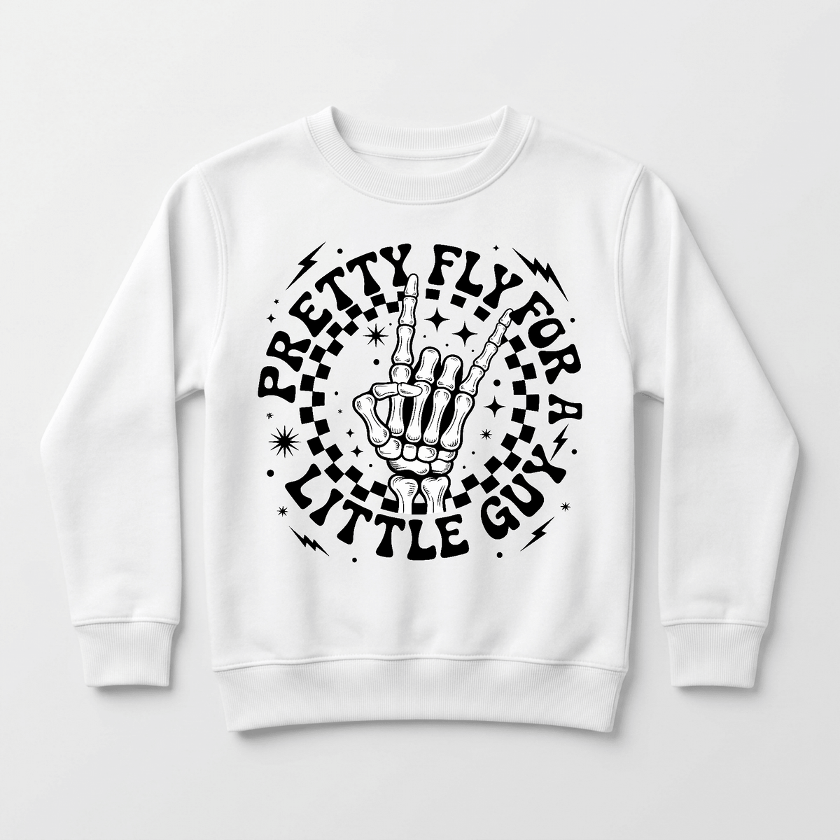 Give your little rockstar some serious style with the Toodleroos Pretty Fly for a Little Guy Kids Sweatshirt – Rock Skeleton Pullover. This white kids sweatshirt features a bold black illustration of a skeleton hand throwing the rock sign, surrounded by stars and the phrase “Pretty fly for a little guy” in eye-catching letters, all set against a cool checkered background—the perfect addition to any mini rocker’s wardrobe!.