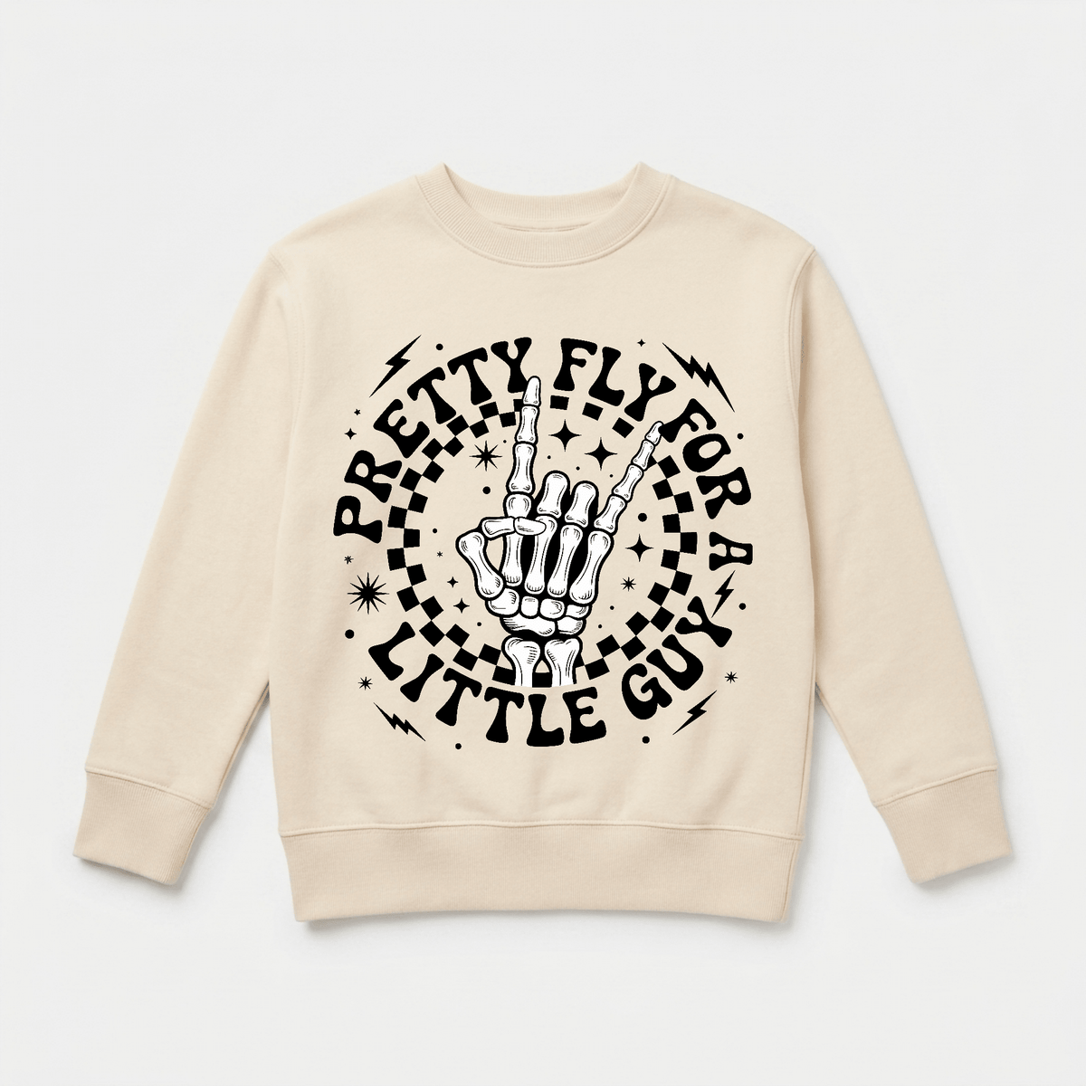 Introducing the Pretty Fly for a Little Guy Kids Sweatshirt – Rock Skeleton Pullover by Toodleroos: a beige sweatshirt showcasing a bold skeleton hand making a rock gesture, surrounded by stars and lightning bolts, with the phrase “Pretty Fly for a Little Guy” in striking black letters—an ideal pick from Toodleroos for young rockstars who love to stand out.