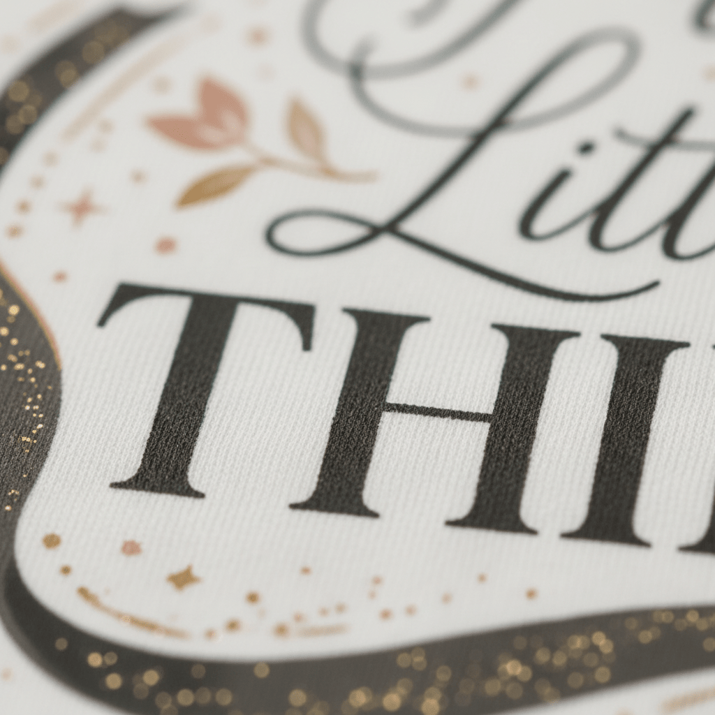 A close-up of decorative text on fabric reads “Pretty Little Thing” in black script, with gold accents, stars, and a small leaf design surrounding the letters—perfect for the Toodleroos Pretty Little Thing Toddler Tee, a cute butterfly girls shirt featuring charming floral graphic touches.