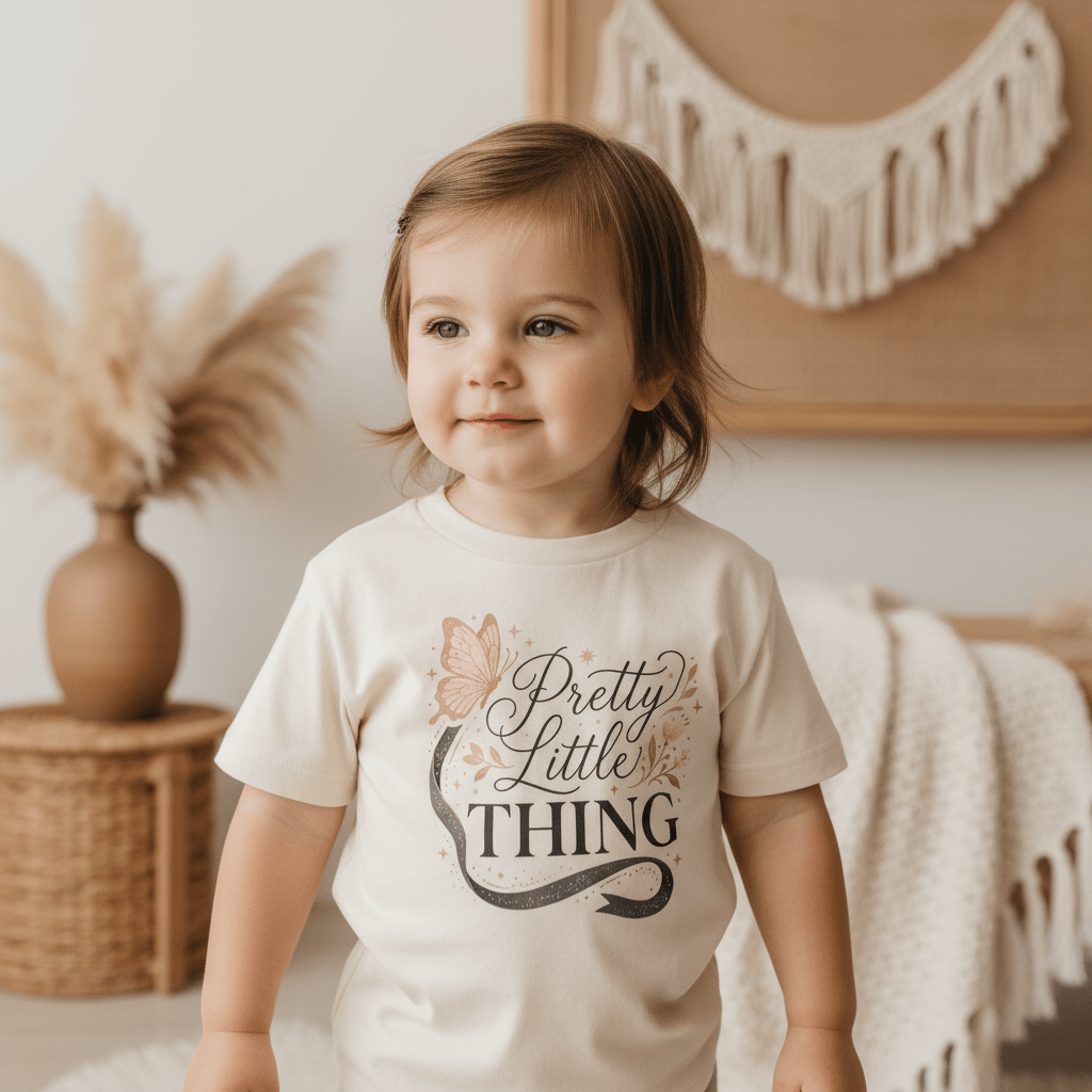 A toddler with brown hair wears the Toodleroos Pretty Little Thing Toddler Tee – Cute Butterfly Girls Shirt while standing indoors surrounded by neutral decor, including pampas grass and woven baskets in the background.