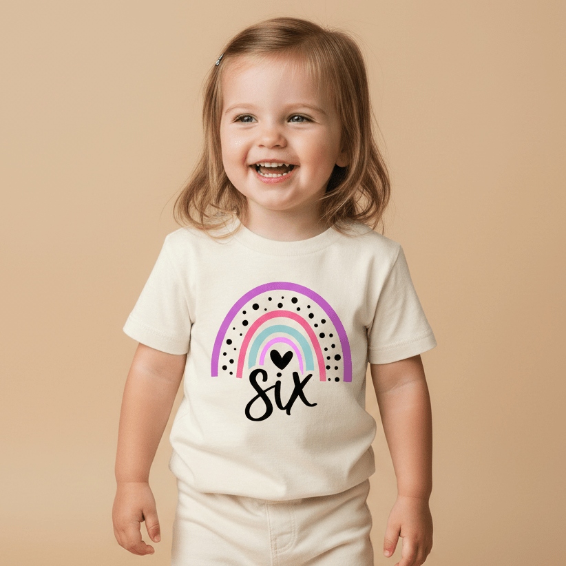 A smiling young child dressed in cream stands before a tan backdrop, wearing the Toodleroos Rainbow 6th Birthday Kids Shirt—a cheerful 6th birthday tee featuring a pink rainbow, black dots, a heart, and “six” written below the rainbow.