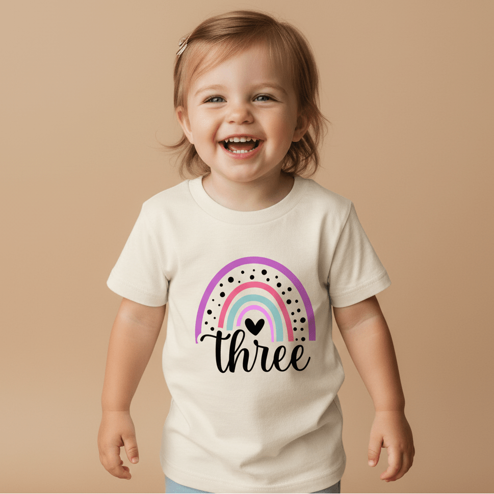 A smiling toddler with light brown hair wears the Toodleroos Rainbow Three Toddler Shirt – 3rd Birthday Tee, featuring a pink and green rainbow and the word “three” on a cream background, standing against a beige backdrop.