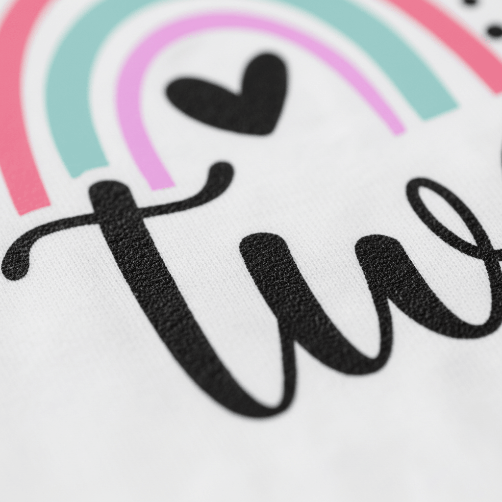 Close-up of the word “two” in black script on white fabric, topped with a pink and teal rainbow and a black heart design—perfect for celebrating your little one’s special day with the Toodleroos Rainbow Two Toddler Shirt – 2nd Birthday Tee or other personalized kids shirts.