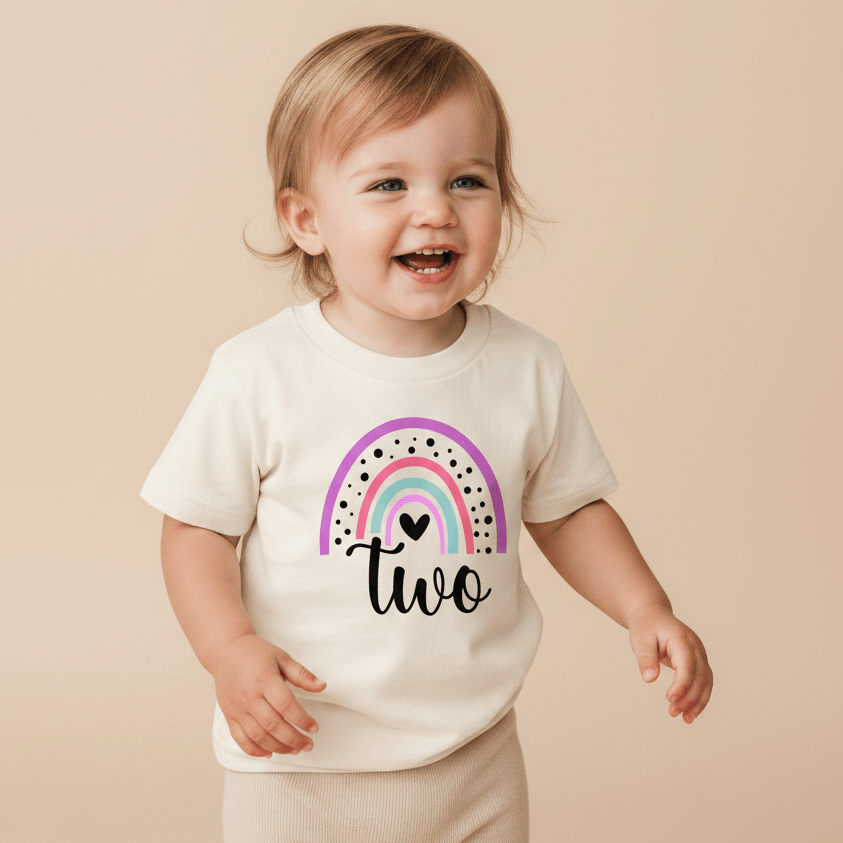 A smiling toddler wears the Toodleroos Rainbow Two Toddler Shirt – 2nd Birthday Tee, featuring a vibrant design and the word “two” on a cream-colored background, standing against a beige backdrop. This cheerful shirt is perfect for celebrating your little one’s 2nd birthday milestone.