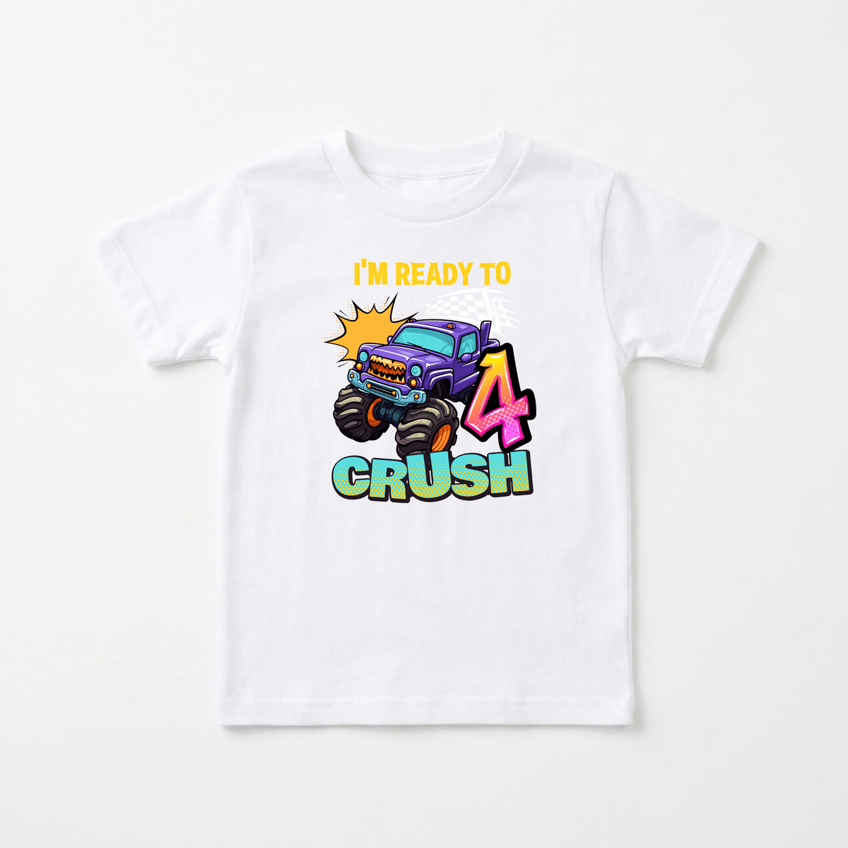 Celebrate your little one’s special day with the Toodleroos Ready to Crush 4 Toddler Shirt – Monster Truck Birthday Tee. Featuring a vibrant white t-shirt adorned with a colorful cartoon monster truck, bold “IM READY TO CRUSH” text, and a large pink and purple number 4 on the front, this playful design makes the perfect monster truck birthday shirt or smash cake outfit.