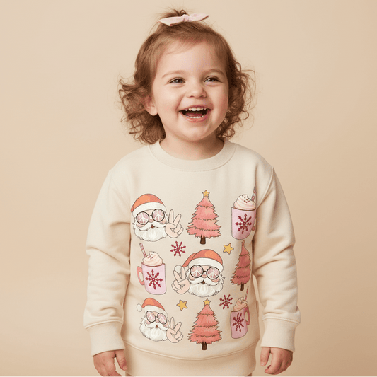 A smiling toddler with curly hair and a pink bow wears the Toodleroos Retro Santa Pink Christmas Sweatshirt—a cozy cream pullover featuring peace-sign Santa faces, pink Christmas trees, cocoa mugs, and stars on a beige background.