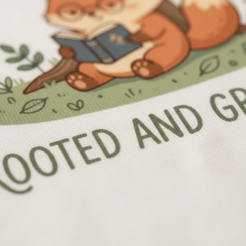 A cheerful cartoon fox sits on grass reading a book above the partially visible phrase “ROOTED AND GR,” creating a charming and relaxed design that’s ideal for the Rooted and Growing Fox Kids Shirt – Faith Tee by Toodleroos—perfect for animal-themed or faith-inspired shirts for kids.