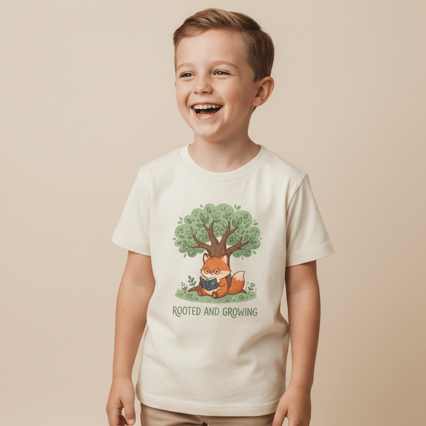 A smiling young boy wears the Toodleroos “Rooted and Growing Fox Kids Shirt – Faith Tee,” featuring a playful cartoon fox reading under a tree with the inspiring text “Rooted and Growing”—an ideal pick for fans of animal shirts for kids. The plain beige background highlights the design.