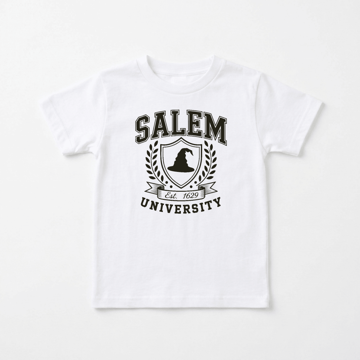 A white short-sleeve crewneck kids' t-shirt featuring a black graphic print on the front that reads 'SALEM UNIVERSITY' with a crest and laurel wreath design.