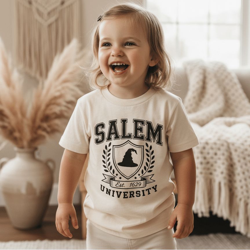 A young child wearing a cream-colored t-shirt with a black graphic print that reads 'SALEM UNIVERSITY' and 'Est. 1629' with a shield emblem.
