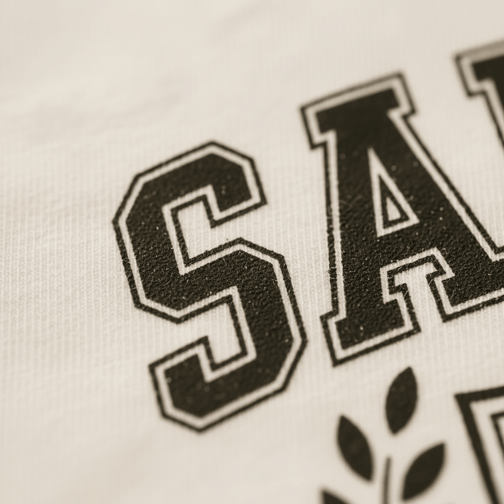 Close-up of a white fabric surface with large black varsity-style letters and a small leaf graphic, cropped to show part of the printed design.