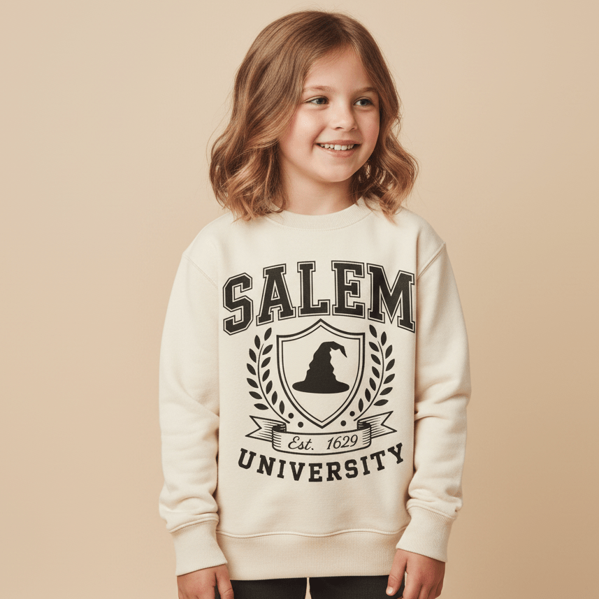 A smiling young girl with wavy hair wears the Toodleroos Salem University Toddler Sweatshirt in cream, featuring a witch hat crest and “Est. 1629” on the front, set against a neutral background.