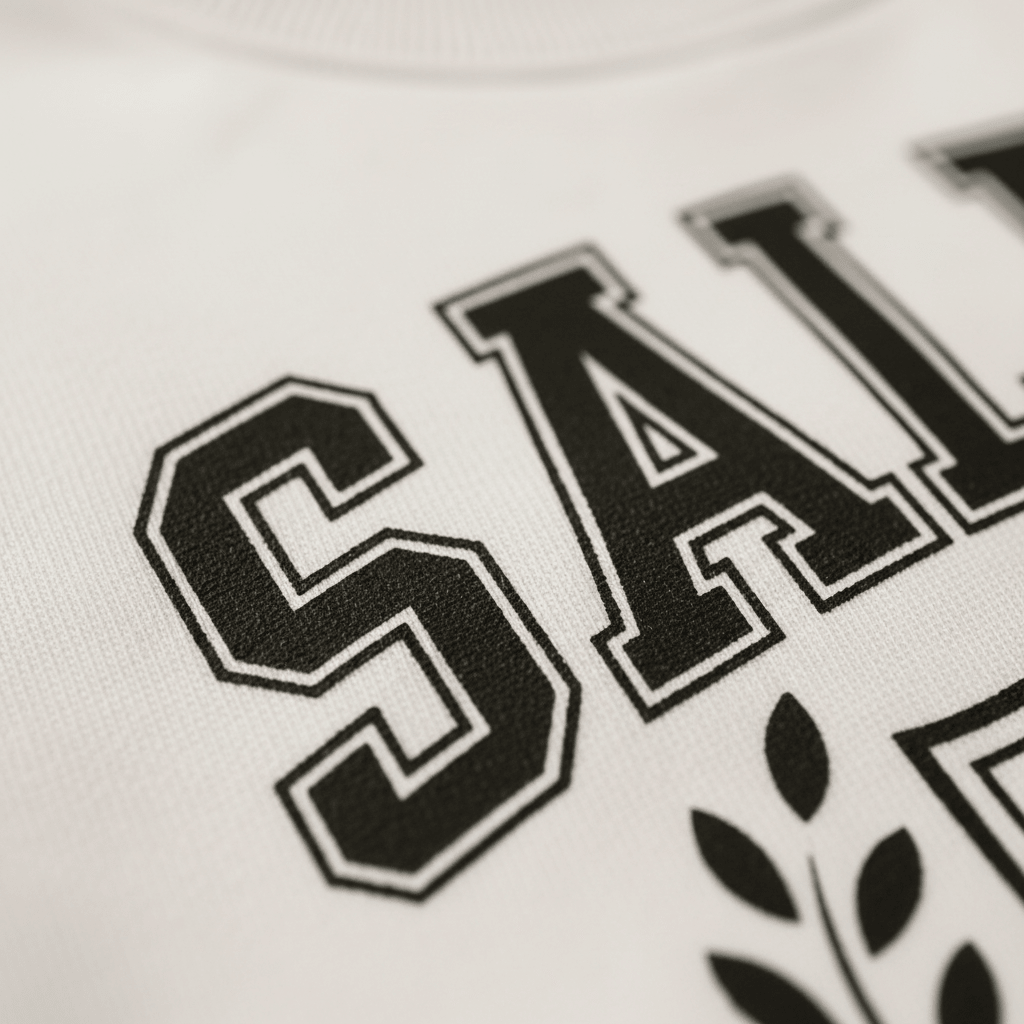 A close-up of black, bold, varsity-style letters spelling “SAL” appears on white fabric—evoking a Salem University look on this Toodleroos “Salem University Toddler Sweatshirt – Witch Hat Crest Sweatshirt”—with part of a laurel design and the tip of the witch hat crest visible beneath the text.
