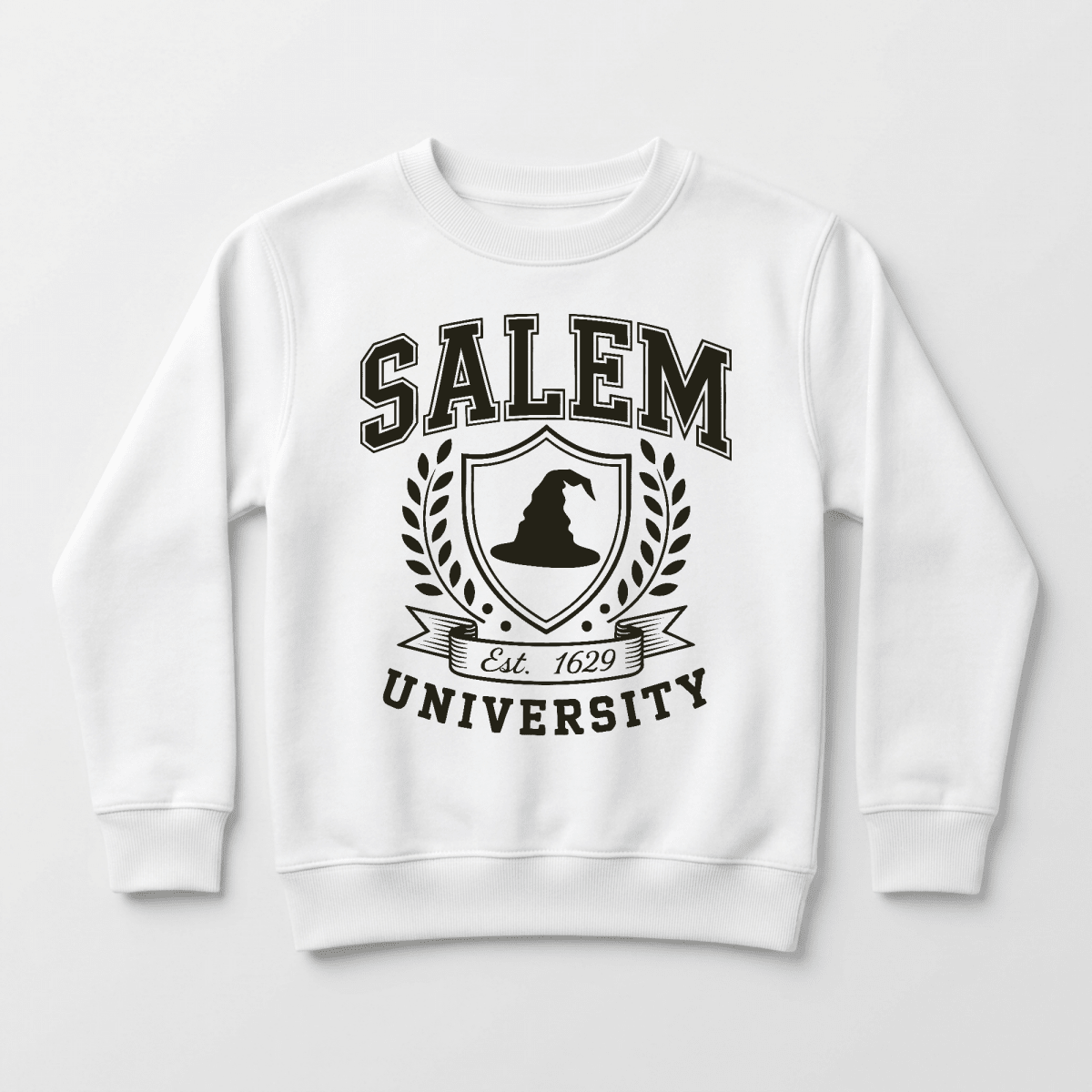 The Toodleroos Salem University Toddler Sweatshirt features a witch hat crest with laurel branches and Est. 1629, making it a charming addition to any Halloween sweatshirt collection.