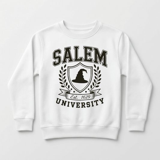 The Toodleroos Salem University Toddler Sweatshirt features a witch hat crest with laurel branches and Est. 1629, making it a charming addition to any Halloween sweatshirt collection.