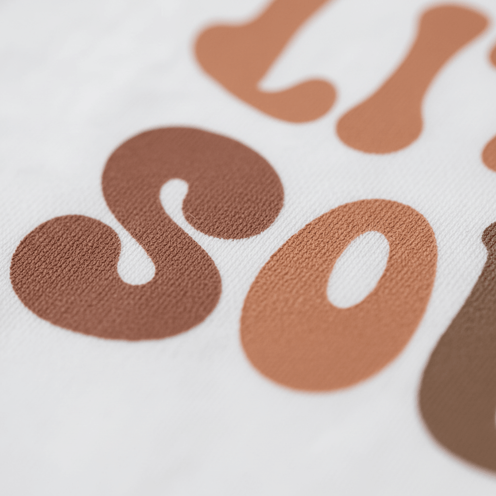 Close-up of brown and tan “Sassy Little Soul” lettering printed on white textured fabric, capturing the playful, boho retro style of the Toodleroos Sassy Little Soul Kids Shirt. The image highlights the detailed print and soft fabric texture, echoing a vintage-inspired kids tee design.