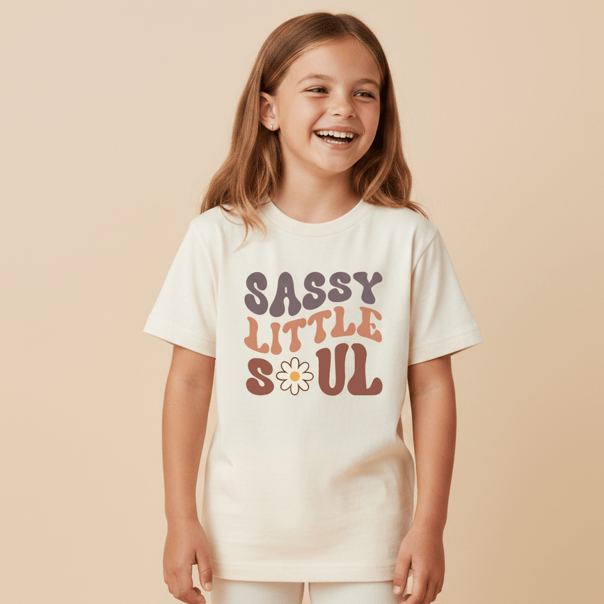 A smiling young girl stands against a neutral background wearing the Toodleroos Sassy Little Soul Kids Shirt – a boho retro tee featuring bold, colorful letters with a playful flower design replacing one letter.