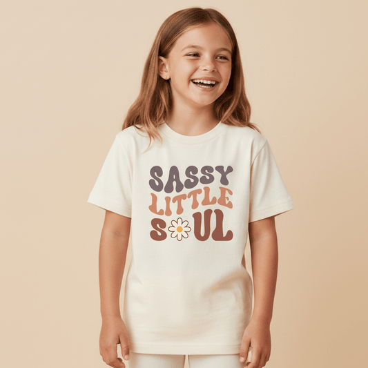 A smiling young girl stands against a neutral background wearing the Toodleroos Sassy Little Soul Kids Shirt – a boho retro tee featuring bold, colorful letters with a playful flower design replacing one letter.
