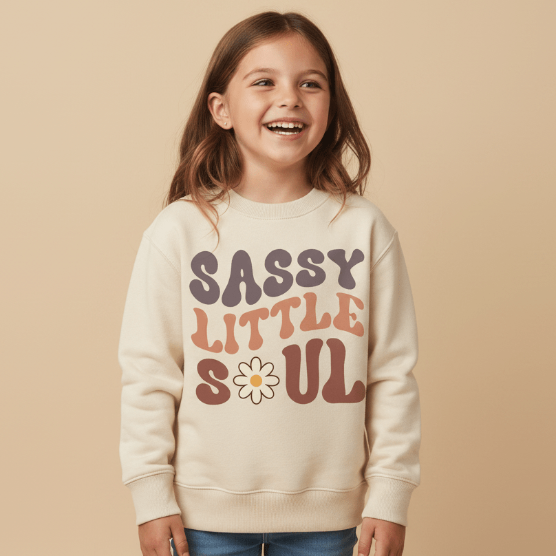A smiling young girl wears the Toodleroos Sassy Little Soul Kids Sweatshirt – a cozy boho retro pullover featuring playful, colorful lettering and a daisy graphic – as she stands against a solid beige background.