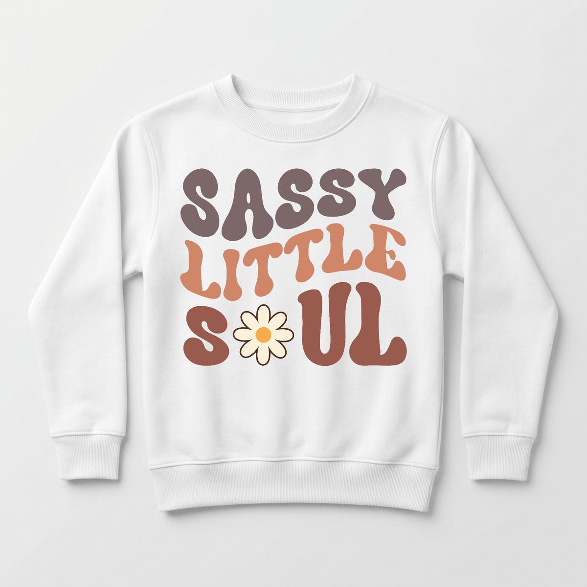 Crafted by Toodleroos, the Sassy Little Soul Kids Sweatshirt – Boho Retro Pullover is a cozy white fleece featuring a playful retro design: the phrase “Sassy Little Soul” appears in brown and orange, with a charming daisy replacing the “O” for a sweet boho flair.