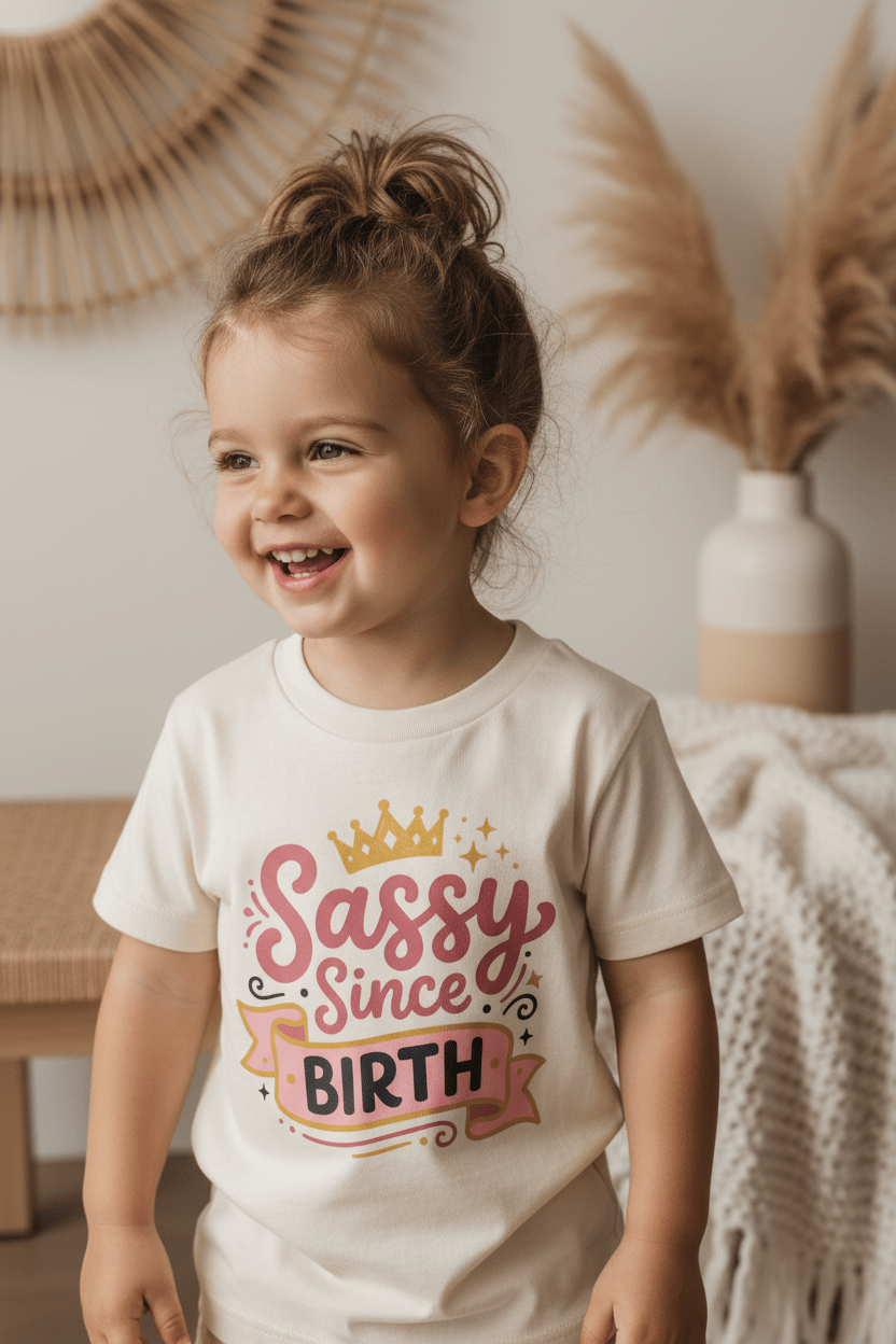 A cheerful young child with brown hair in a bun is wearing the Toodleroos Sassy Since Birth Toddler Tee – Funny Girls Shirt, which showcases playful decorative accents. The stylish neutral decor and pampas grass in the background highlight how this is one of the cutest and funniest shirts for girls.