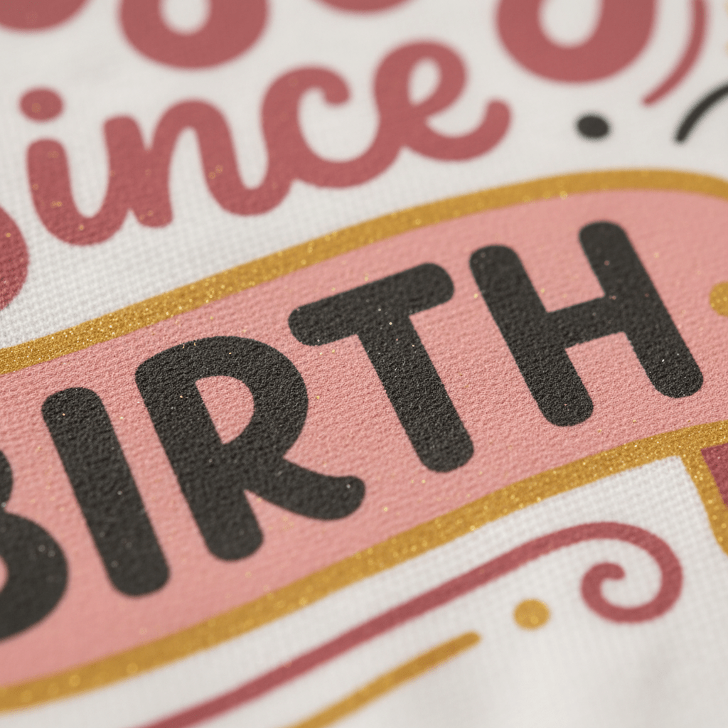 Detailed close-up of the Toodleroos Sassy Since Birth Toddler Tee, featuring textured fabric printed with bold black and pink lettering, gold glitter accents, and decorative swirls—an adorable and funny girls shirt designed to showcase a playful attitude.