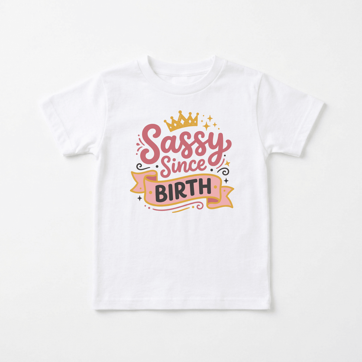 Dress your little one in the Sassy Since Birth Toddler Tee – Funny Girls Shirt by Toodleroos, featuring a white base with a playful pink and yellow “Sassy Since Birth” design, complete with a crown, stars, and swirls. This adorable tee is perfect for kids who love to stand out and is an ideal choice for anyone looking for cute girls shirts or funny kids shirts.