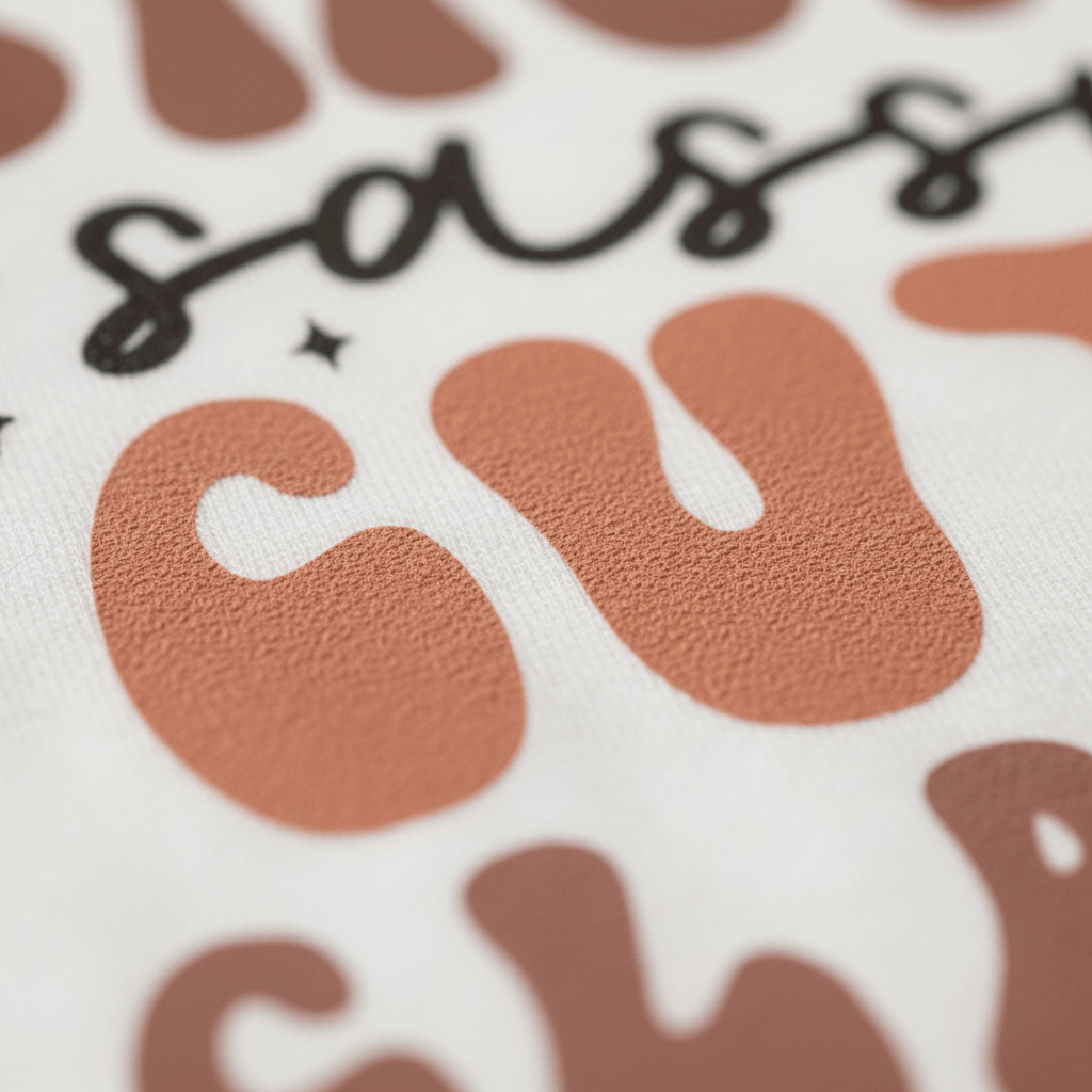 A close-up of text on fabric from the Toodleroos Short Sassy Cute Classy Kids Shirt – Retro Tee shows “sassy” in black cursive and part of “cute” in large, rounded brown letters on a white background—a charming detail inspired by vintage kids tee styles.