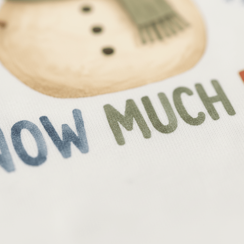 Close-up of soft fabric from the Toodleroos Snow Much Fun Snowman Baby Onesie, showcasing a printed snowman wearing a green scarf and three black buttons beside the playful text “HOW MUCH” in blue and green letters—perfect for your baby’s first winter or as an adorable, cozy outfit.