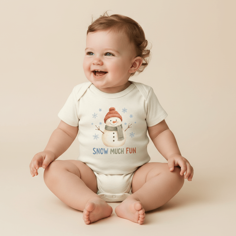 A smiling baby sits on a beige background, wearing the Toodleroos Snow Much Fun Snowman Baby Onesie—a cozy cream-colored bodysuit featuring playful snowflakes and “Snow Much Fun” printed on the front, perfect for celebrating baby’s first winter.