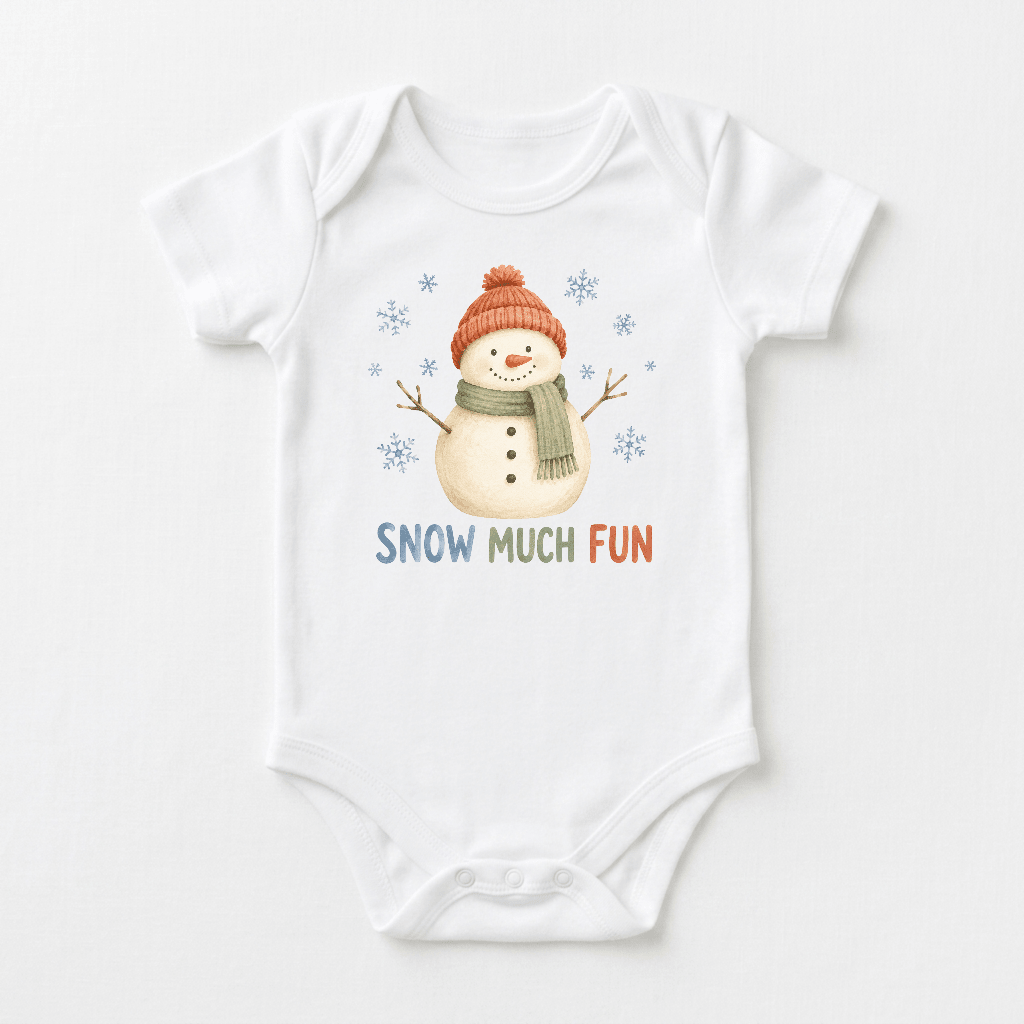 Dress your little one in the Snow Much Fun Snowman Baby Onesie by Toodleroos, featuring a cheerful snowman with a red hat and green scarf, surrounded by snowflakes. This winter bodysuit is adorned with the playful phrase “Snow Much Fun” in blue, green, and red letters.