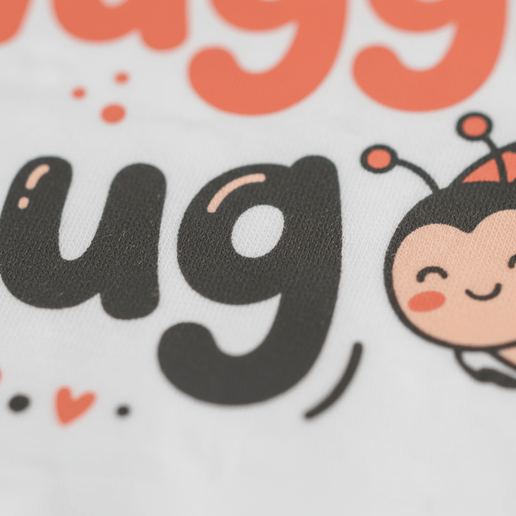 Close-up of the word “hug” in bold black letters alongside a smiling cartoon ladybug on a white background with red and black decorative dots and charming text—perfect for animal-themed baby apparel like our Toodleroos Snuggle Bug Baby Onesie – Ladybug Bodysuit.