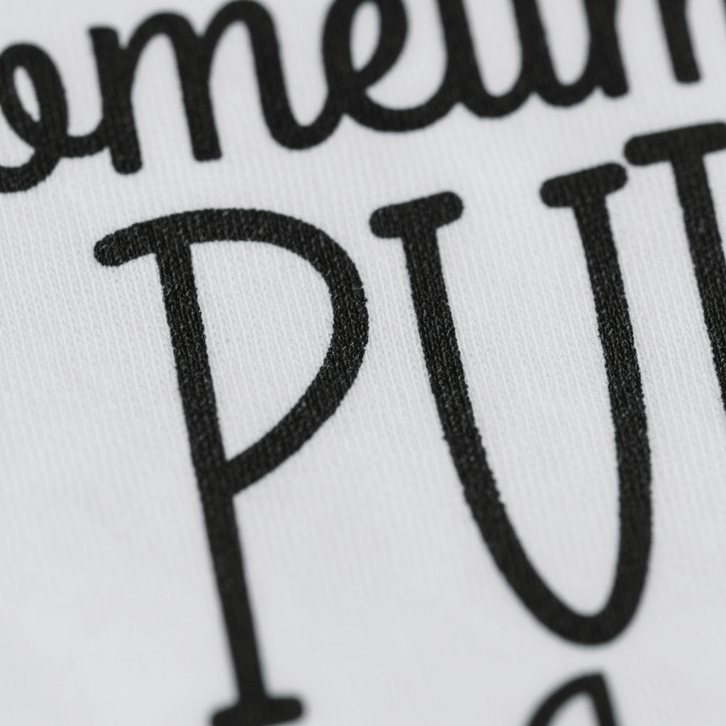Close-up of bold black cursive and printed text on white fabric, likely part of a Toodleroos® “Sometimes I Puke When I Drink Too Much” baby onesie. Only partial letters are visible—including “PU” and the end of another word above—an intriguing detail often seen on a funny aunt bodysuit that’s perfect as a baby gift.