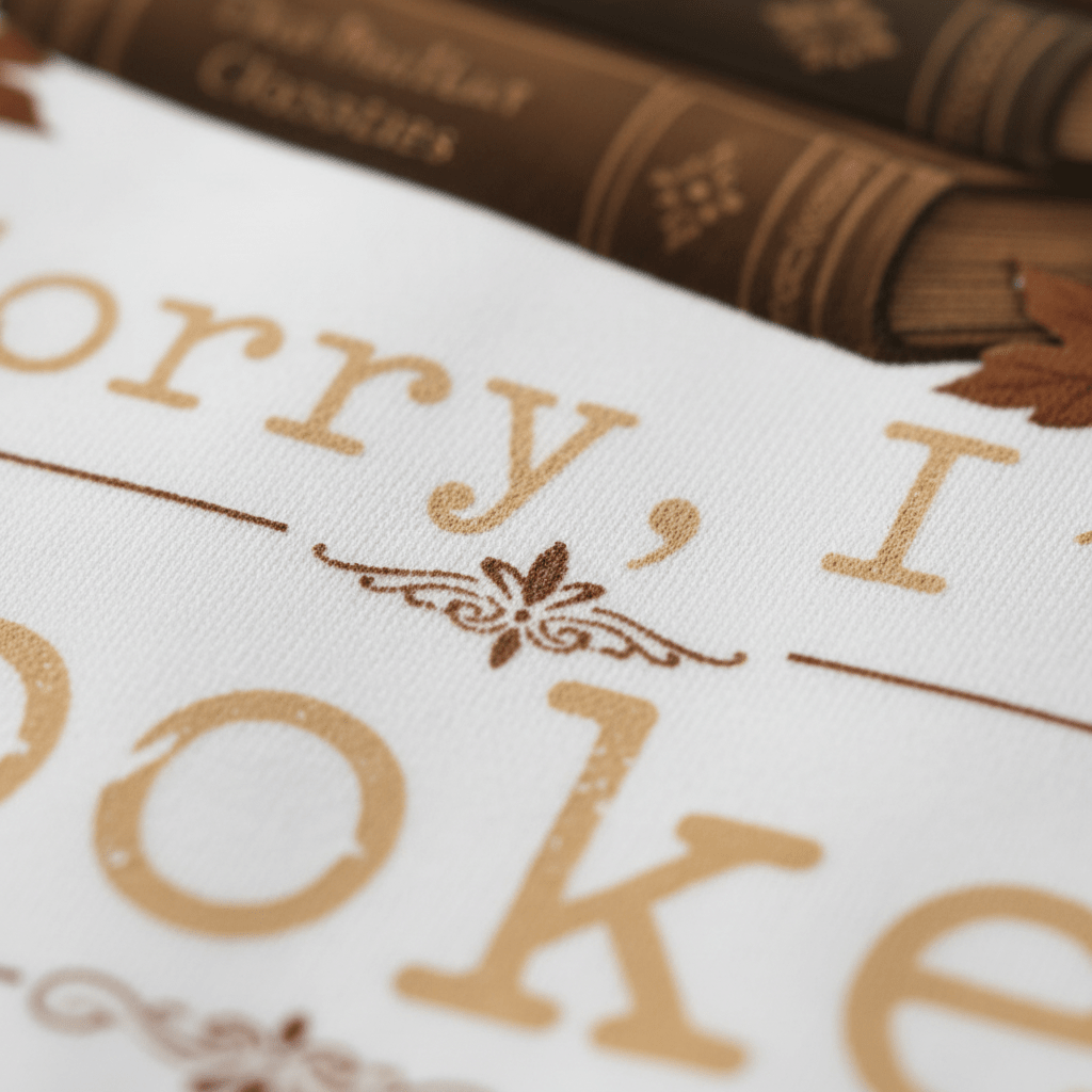 Close-up of text on white fabric featuring decorative brown lettering from the Toodleroos “Sorry I’m Booked Kids Sweatshirt – Cozy Ghost Reading Crewneck.” Part of the phrase “Sorry, I...” is visible, along with ornate details and illustrations of stacked brown books accented with leaf designs near the top. This charming book-themed sweatshirt is perfect for cozy fall outfits and adds a whimsical touch for cooler days.