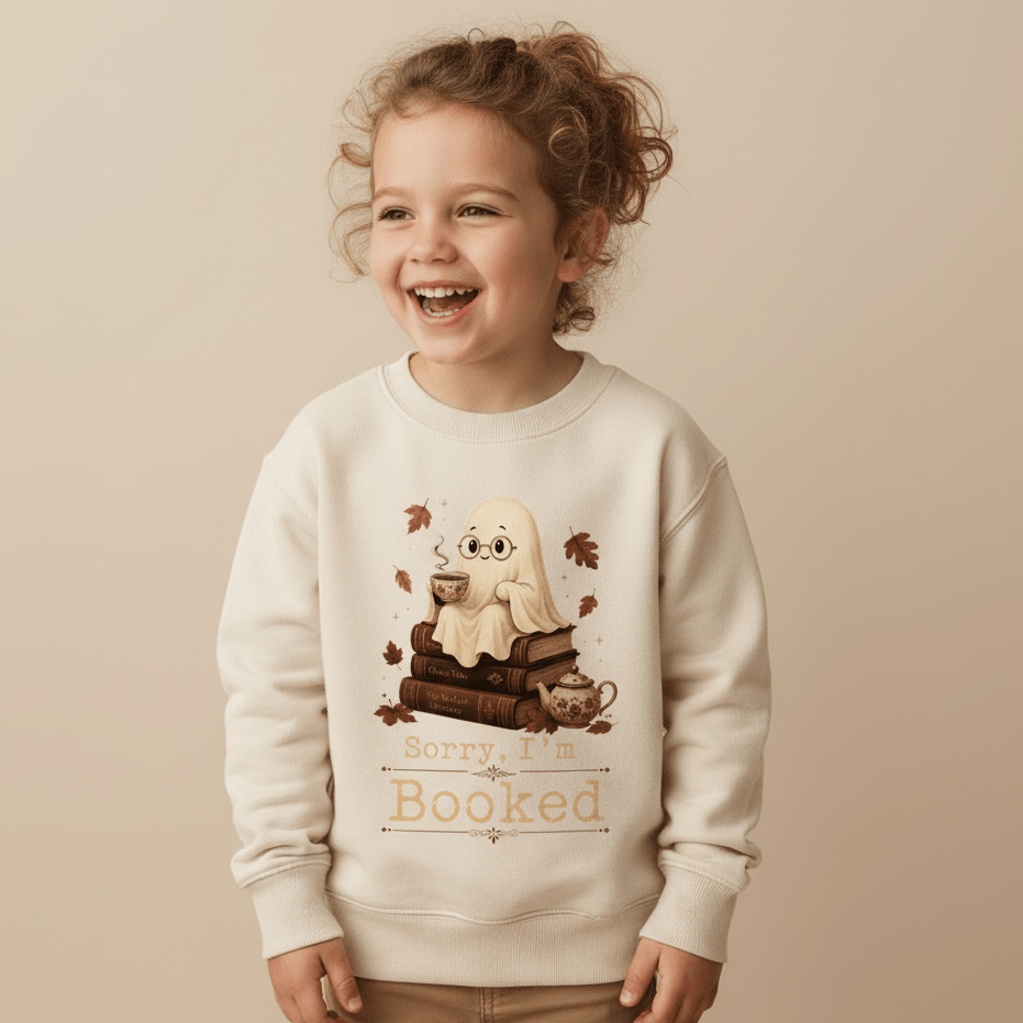 A smiling young child wears the Toodleroos “Sorry I’m Booked” Kids Sweatshirt—a cozy crewneck featuring an illustrated ghost reading books, autumn leaves, a cup of cocoa, and playful Halloween vibes.
