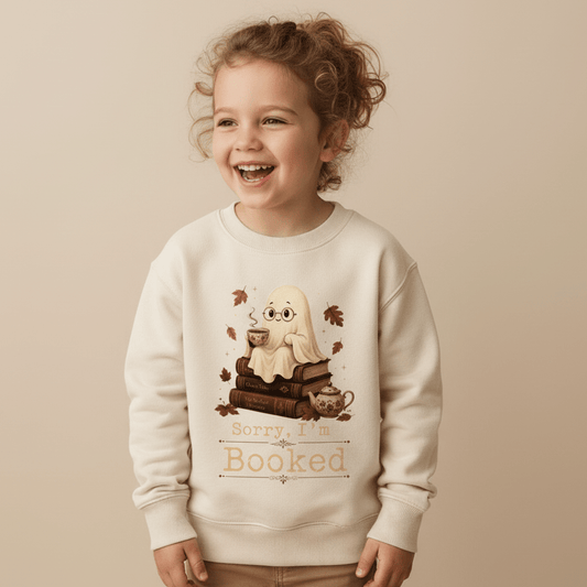 A smiling young child wears the Toodleroos “Sorry I’m Booked” Kids Sweatshirt—a cozy crewneck featuring an illustrated ghost reading books, autumn leaves, a cup of cocoa, and playful Halloween vibes.