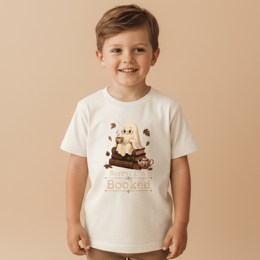 A cheerful young boy wears the Toodleroos “Sorry I’m Booked Toddler Shirt – Cozy Ghost Reading Tee,” featuring a cute ghost reading atop a stack of books with the playful phrase “Sorry, I’m Booked.” This charming Halloween kids shirt is perfect for little book lovers, making it an ideal fall tee or bookworm toddler top for the season.
