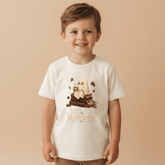 A cheerful young boy wears the Toodleroos “Sorry I’m Booked Toddler Shirt – Cozy Ghost Reading Tee,” featuring a cute ghost reading atop a stack of books with the playful phrase “Sorry, I’m Booked.” This charming Halloween kids shirt is perfect for little book lovers, making it an ideal fall tee or bookworm toddler top for the season.