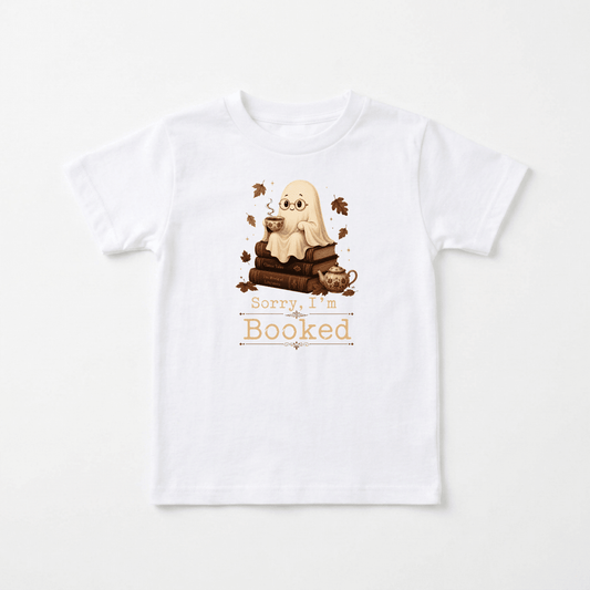 Introducing the Toodleroos “Sorry I’m Booked Toddler Shirt – Cozy Ghost Reading Tee”: a delightful white t-shirt featuring an adorable ghost sipping from a cup, seated on a stack of books surrounded by autumn leaves. Perfect for fall or Halloween, this charming toddler tee is ideal for your little reader’s cozy adventures. The text below reads, “Sorry, I’m Booked.”.
