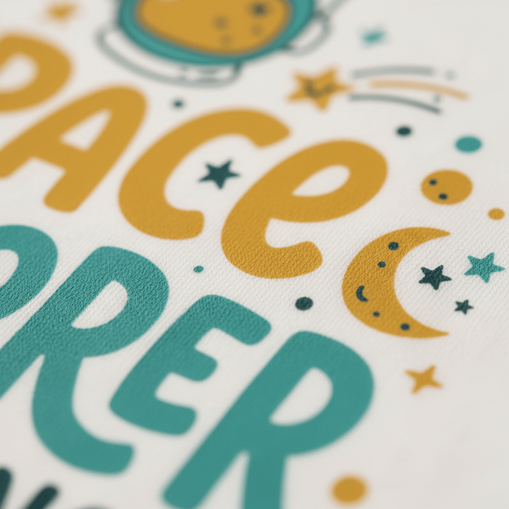 Close-up of vibrant orange and teal text reading SPACE, surrounded by playful cartoon-style stars, crescent moon, and dots on a crisp white background. The whimsical celestial elements make this design an ideal choice for your little one’s Space Explorer in Training Toddler Shirt – Astronaut Tee by Toodleroos—perfect for any space-themed toddler outfit!.