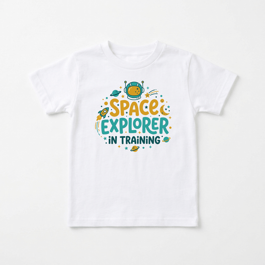 Dress your little one in out-of-this-world style with the Space Explorer in Training Toddler Shirt – Astronaut Tee from Toodleroos! This white tee features a playful cartoon space theme, with vibrant illustrations of stars, planets, a rocket, and an astronaut helmet surrounding the phrase “Space Explorer In Training.” Perfect for inspiring future astronauts and encouraging big dreams, this fun toddler shirt is an ideal choice for any young explorer.