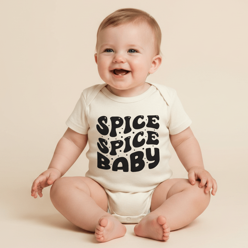 Adorable baby wearing the cream-colored Spice Spice Baby Onesie – Funny Retro Bodysuit by Toodleroos, featuring bold black text and sitting against a neutral background—an ideal choice for fans of humorous, gender-neutral baby outfits.