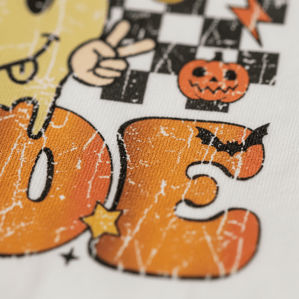 Showcase your child’s festive spirit with the Spooky Dude Retro Kids Shirt – Halloween Tee by Toodleroos! This playful shirt features cracked orange lettering, a peace-sign hand, a smiling pumpkin, checkerboard accents, stars, and even a tiny bat perched on the letter E—perfect for capturing all the fun of Halloween for little ones.