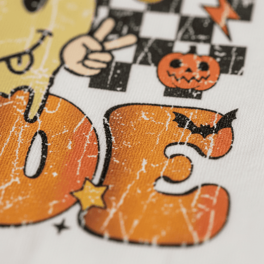 Showcase your child’s festive spirit with the Spooky Dude Retro Kids Shirt – Halloween Tee by Toodleroos! This playful shirt features cracked orange lettering, a peace-sign hand, a smiling pumpkin, checkerboard accents, stars, and even a tiny bat perched on the letter E—perfect for capturing all the fun of Halloween for little ones.