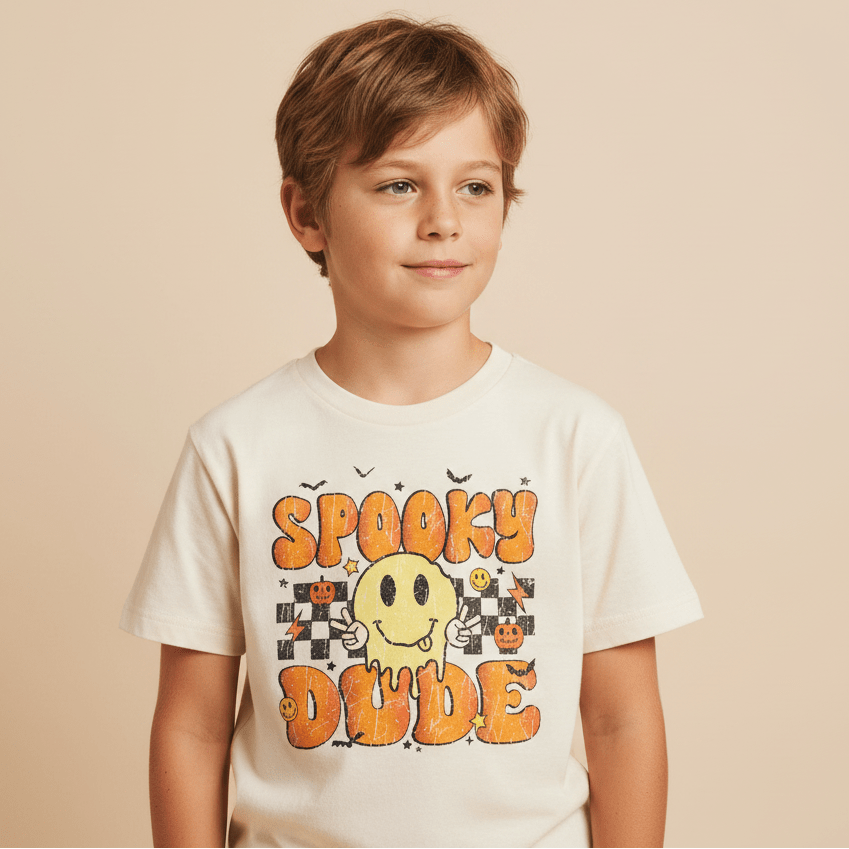 A young boy stands against a plain beige background, wearing the Toodleroos Spooky Dude Retro Kids Shirt—a white Halloween tee featuring “Spooky Dude” in bold orange letters, a yellow melting smiley face, and festive graphics like pumpkins and bats.