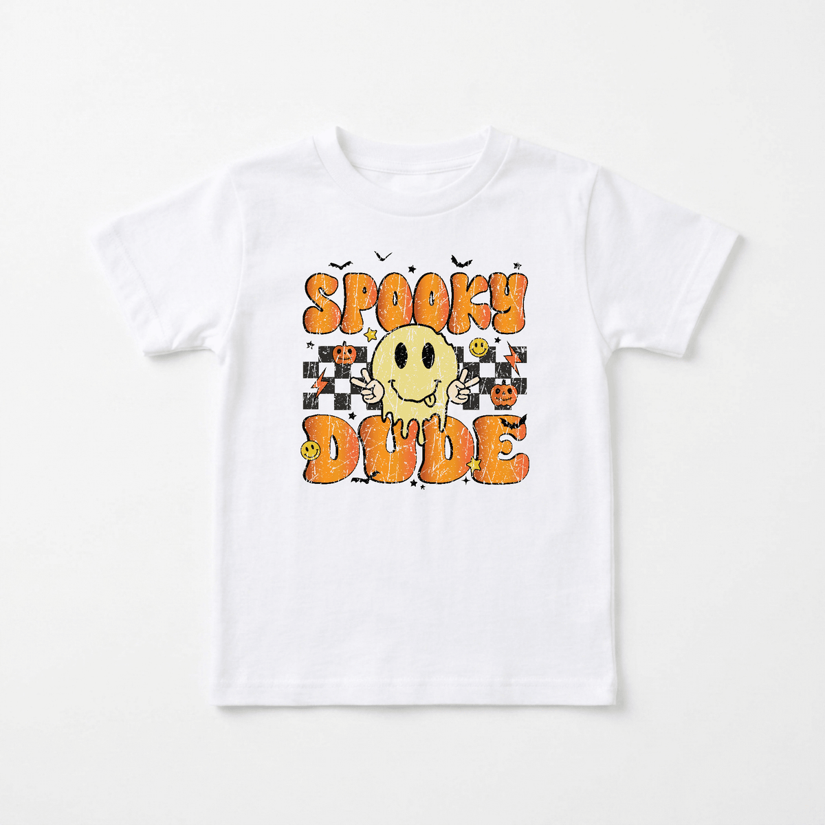 The Toodleroos Spooky Dude Retro Kids Shirt – Halloween Tee features “Spooky Dude” text in orange, a cute yellow ghost, pumpkins, and black bats on a black-and-white checkerboard background—a perfect retro Halloween shirt for little ones who love all things spooky.