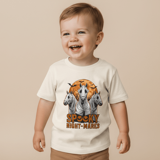A smiling toddler wears the Spooky Night-Mares Toddler Shirt – Halloween Horse Tee by Toodleroos, a charming kids’ Halloween shirt adorned with three ghostly horses, a glowing orange full moon, and bats flitting in the background.