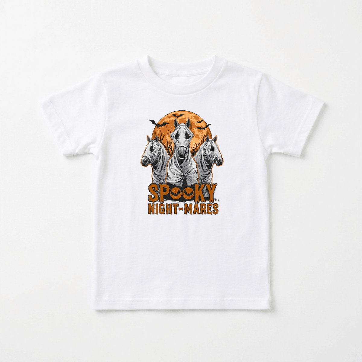 Dress your little one in Halloween style with the Spooky Night-Mares Toddler Shirt – Halloween Horse Tee by Toodleroos. This cute white tee features an illustration of three ghostly horses in front of a glowing orange full moon, accented with bats. The words “Spooky Night-Mares” appear below the design, making it the perfect pick for kids who love a fun and spooky touch!.