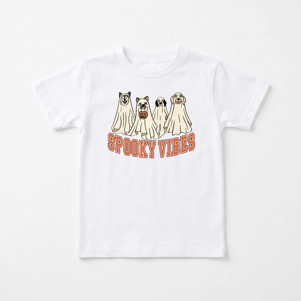 Show off your child’s Halloween spirit with the Toodleroos Spooky Vibes Dog Ghosts Kids Shirt – a festive white tee featuring cartoon dogs dressed as playful ghosts above bright orange “Spooky Vibes” text. Each pup sports a unique expression and wears a classic ghost sheet, making this Halloween tee a must-have for dog lovers and perfect for kids’ celebrations!.
